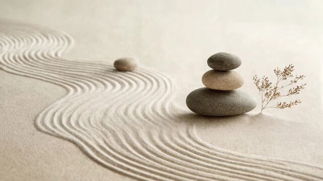 Minimal zen garden composition with raked sand smooth stones and delicate branch symbolizing balance calm meditation and mindful harmony in neutral tones