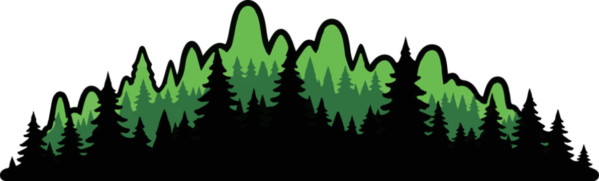 A silhouette of a dense forest with varying shades of green evergreen trees