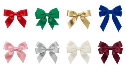 Ribbon bow set including satin, grosgrain, metallic, and velvet textures in multiple colors isolated. Decorative gift wrap and hair accessory collection.