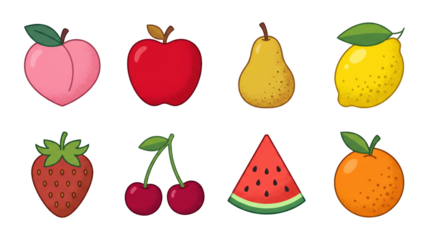 Fresh fruit set including peach, apple, pear, lemon, strawberry, cherry, watermelon, and orange isolated. Minimalist food icon collection.