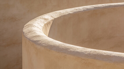 Abstract curved plaster wall detail with soft shadows in minimalist architecture, warm daylight, Generative AI
