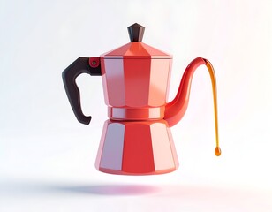 Vibrant red coffee maker with an animated coffee stream, floating