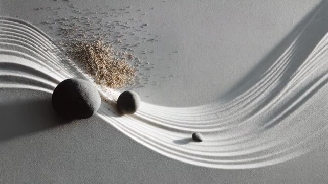 Abstract white sand sculpture with curved ridges and scattered grains forms minimal art scene that suggests flow balance and meditative zen inspiration on clean studio background