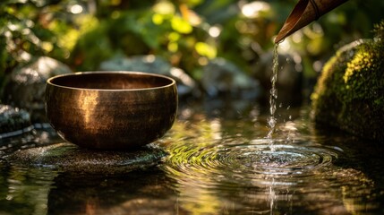 Ritualistic Water Offering with Singing Bowl in Garden