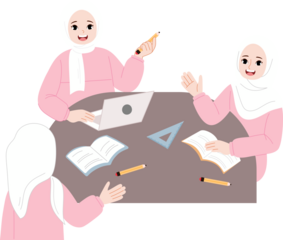 group muslim hijab girl students study together