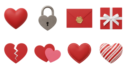 Red heart collection including padlock, envelope, gift box, broken, and striped variants isolated. Valentine's Day and romance 3D icons.