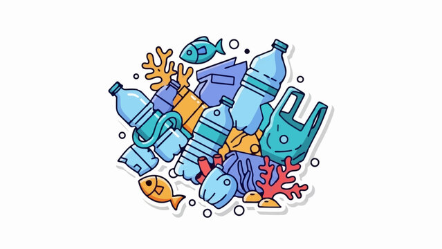 A pile of plastic waste in the ocean with fish and coral
