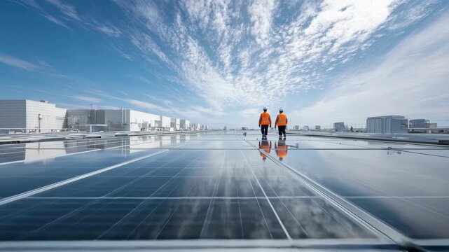 Two engineers in safety vests inspecting large solar panel array on commercial rooftop under blue sky, 4k video