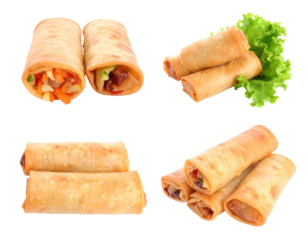 Golden Brown Spring Rolls on Transparent Background with Various Arrangements and Fresh Vegetable Accents