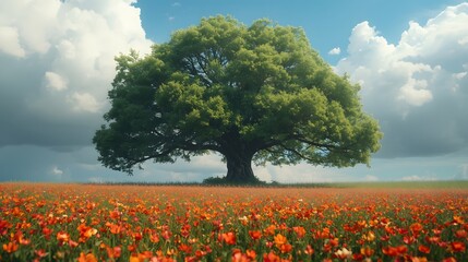 Peaceful outdoor scenery showing giant tree meadow flowers and cloudy sky high detail