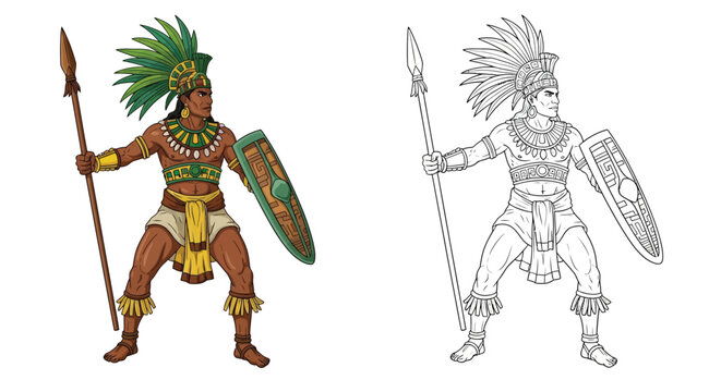 Aztec Warriors With Spear and Shield Comparison of Color and Line Art Military Illustrations