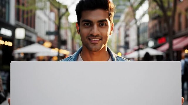 Young man holds blank sign in urban environment with smiling expression for advertisement or message