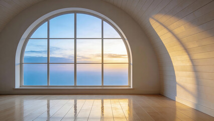 Elegant arched window with ocean view and warm sunlight in minimalist architecture, serene mood, Generative AI