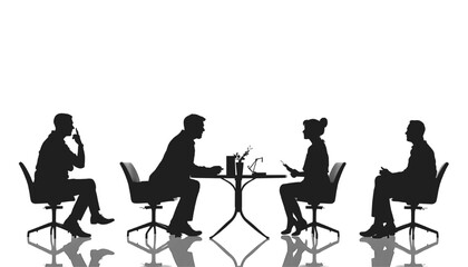 Silhouette of business professionals seated at a table having a discussion or interview meeting representing communication negotiation teamwork and corporate decision making isolated on white.