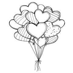 Hand drawn line art illustration of a bouquet of heart shaped balloons with simple striped and dotted patterns. Black and white outline design, ideal for coloring pages, Valentine&rsquo;s Day projects.