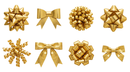 Gold ribbon bow set including star, curly, classic, and knotted styles isolated. Christmas gift and holiday decoration collection.