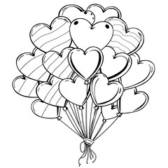 Clean line art illustration of a bouquet of heart shaped balloons with simple decorative details. Black and white outline drawing, perfect for coloring pages, Valentine&rsquo;s Day designs, romantic.