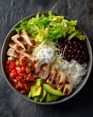 Grilled Chicken Bowl with Fresh Vegetables and Rice