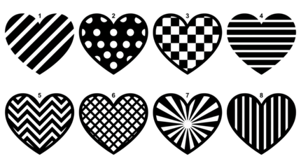 Black and white patterned heart set including striped, polka dot, checkered, chevron, and sunburst designs. Decorative graphic icon collection for valentines day.