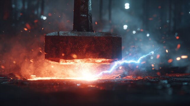 Forged Metal with Lightning and Sparks from Heavy Hammer - Powered by Adobe