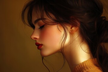 Captivating side profile of a young Caucasian woman in warm lighting showcasing natural beauty and serene expression