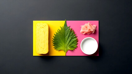 Overhead flat lay, Japanese color study a single piece of yellow tamago, a green shiso leaf, a pink pickled ginger slice, and a white ceramic soy dish 