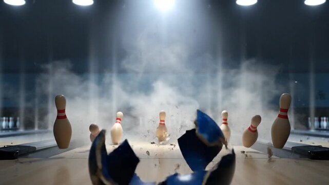 Bowling ball striking pins in motion explosion dynamic sport entertainment