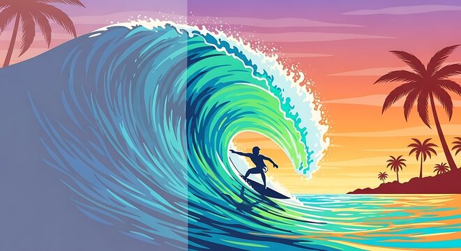 Surfer riding wave silhouette artwork summer beach day vector illustration