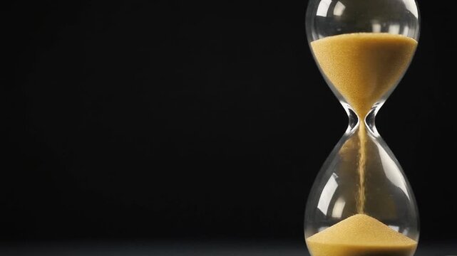 An hourglass with golden sand flowing between the top and bottom bulbs is displayed against a dark background