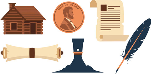 Vintage Abraham Lincoln symbols and writing tools on white background