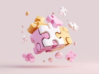Colorful 3D Puzzle Pieces Floating on Pastel Background