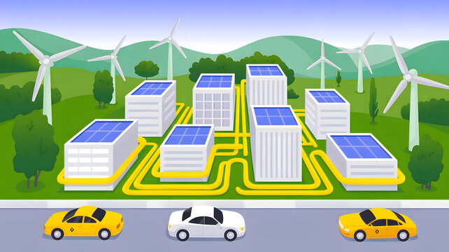 Sustainable city with solar rooftops, wind turbines, and connected energy systems symbolizing green urban planning