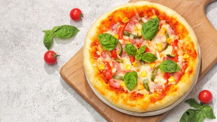 Delicious homemade Margherita pizza and ingredients