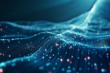Abstract data flow wave of glowing blue particles and streaming cloud computing network with dynamic point grid and soft light, futuristic digital landscape with motion and depth