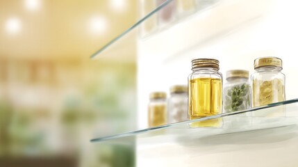 Wellness illustration herbal supplements on glass shelves evokes serenity and clarity with soft warm watercolor textures