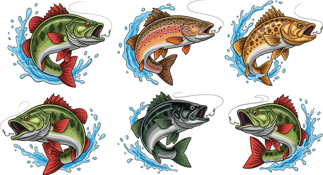 Jumping Freshwater Fish Vector Set with Water Splash Dynamic Fishing Wildlife Illustration Collection