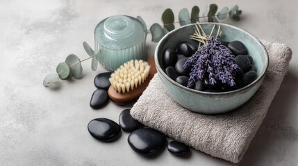 Flatlay of spa tranquility: ceramic bowl with lavender buds smooth black stones linen towel neatly folded frosted tealight