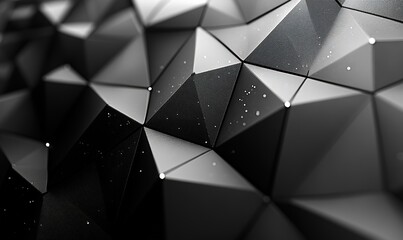 Grayscale abstract geometric low poly surface with glowing particles illustration