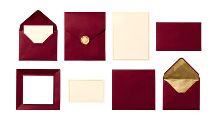 Burgundy wedding stationery set including envelopes, invitations, gold wax seal, and metallic foil lining isolated. Elegant formal mail and greeting card collection.