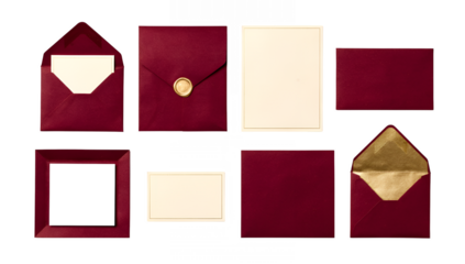 Burgundy wedding stationery set including envelopes, invitations, gold wax seal, and metallic foil lining isolated. Elegant formal mail and greeting card collection.