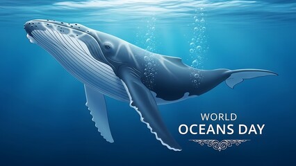 Humpback whale swimming in deep blue ocean water illustration for world oceans day concept