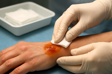 Healthcare Specialist Applying Antiseptic Treatment and Sterile Gauze to Skin Wound for Injury Recovery and Professional Emergency Medical First Aid Management Services