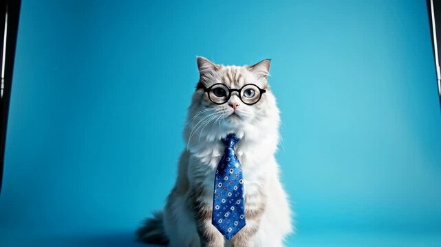 Smart Cat Ragdoll with Glasses and Tie on Blue Background.