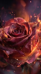 Burning Rose with Sparkles in Dark Atmosphere