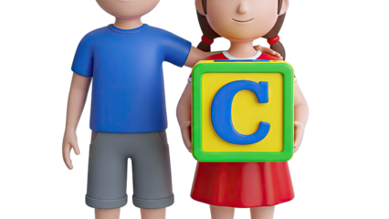 Children holding a block with the letter C