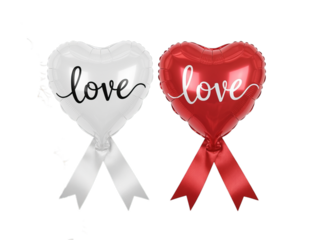 Two Heart Balloons, Red and White, With "Love" Text and Ribbons on White Background