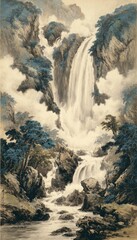 Traditional Chinese Waterfall Landscape Painting