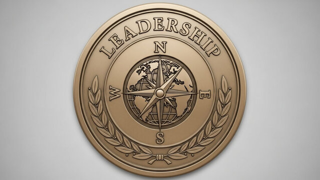 A gold leadership compass medal with a laurel wreath and world map