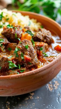 Cooking malian goulash with beef and spices in a clay dish on a kitchen table