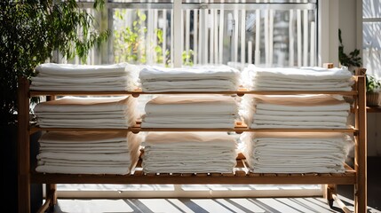 Fresh linens sunlight airy room sustainable lifestyle commercial stock photo serene clean composition texture shadows